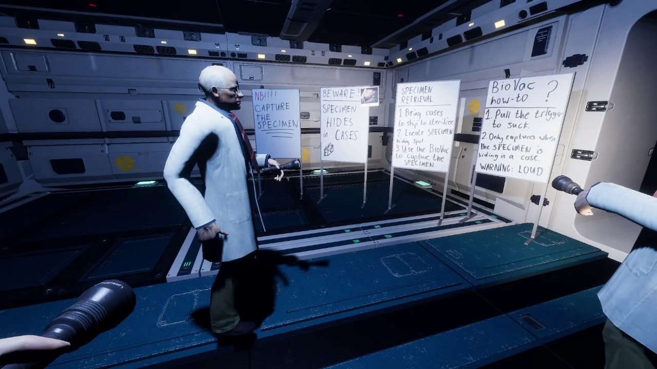 A researcher confronted in a corridor aboard the Ark