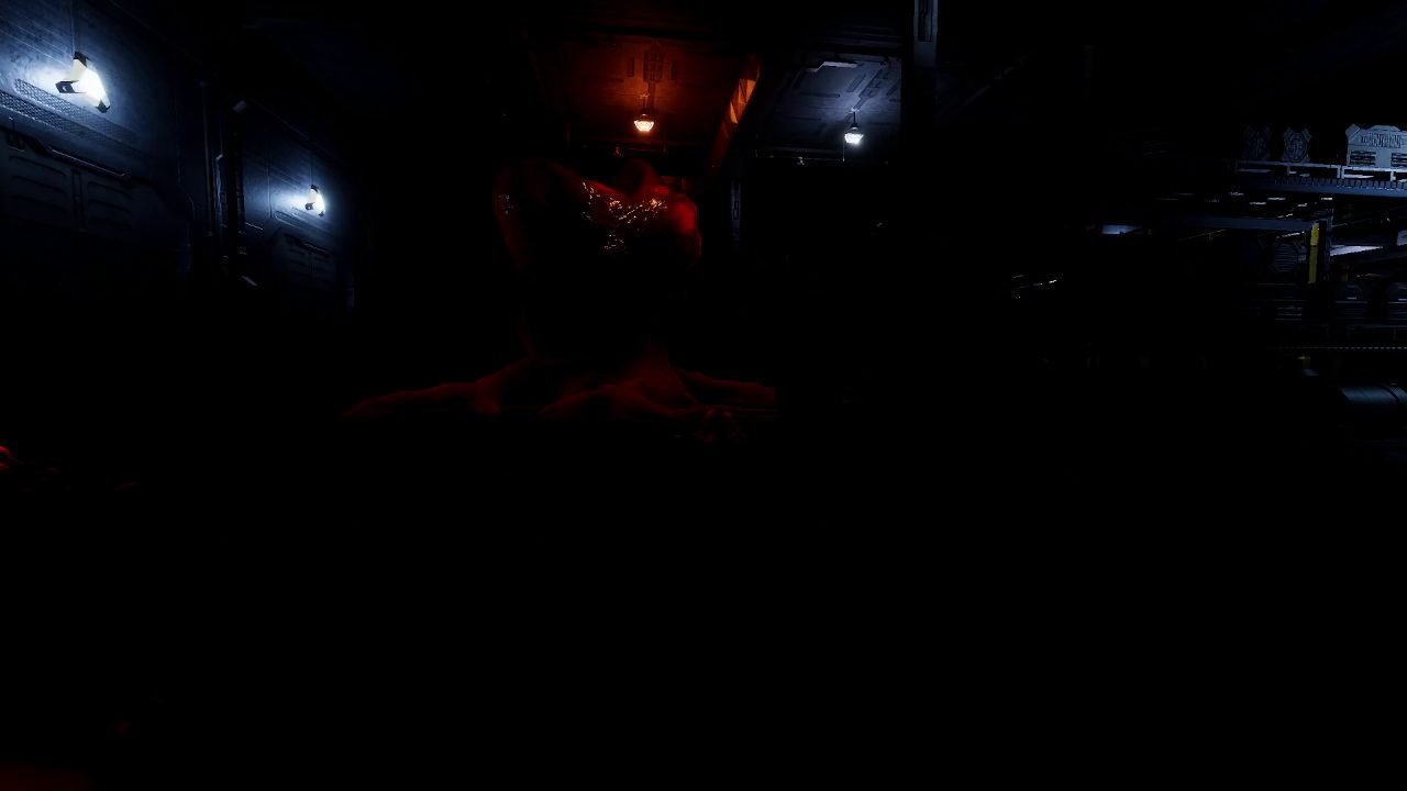 A hallway lit red during an alert